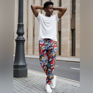 NWT Oh Snap! SZ M OR L blue/red/multicolor “boom/bang” print jogger